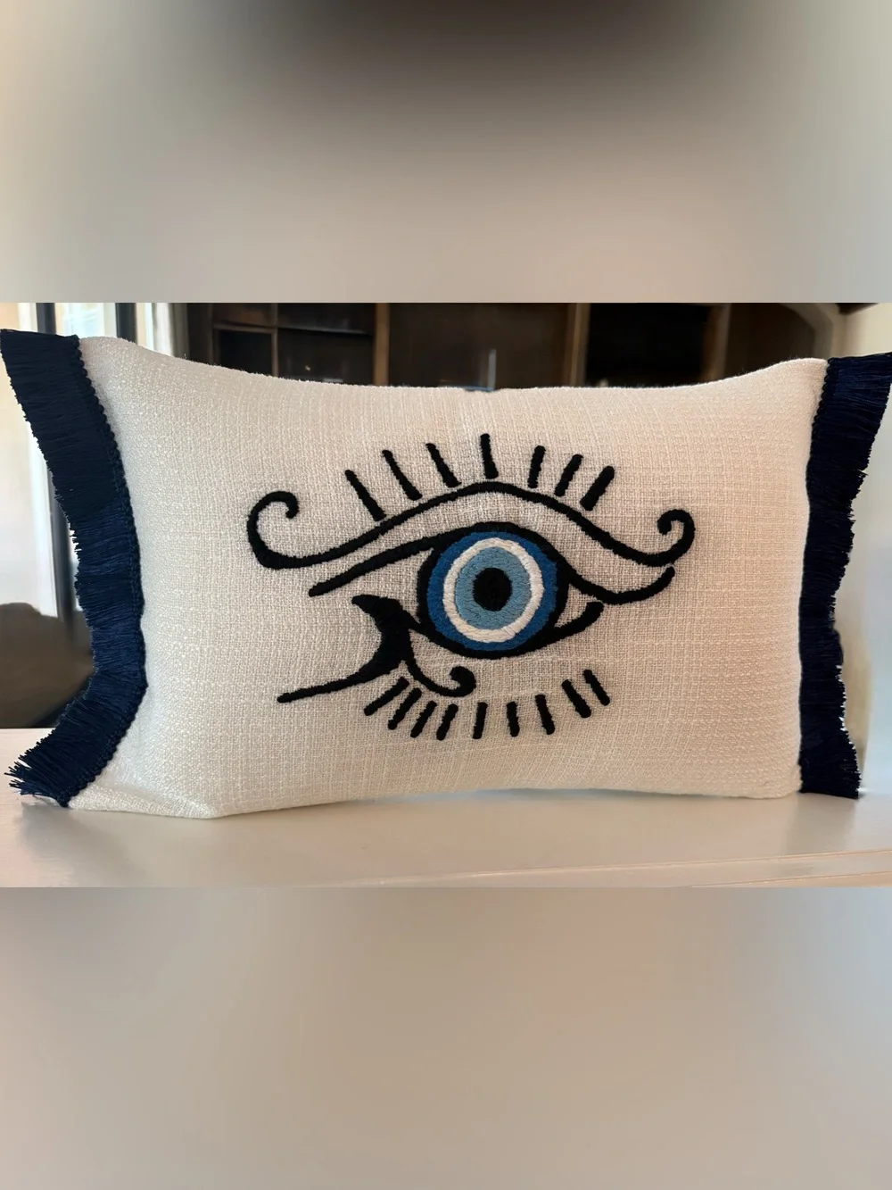 Hand Embroidered Evil Eye Accent Pillow - Black & Blue on White